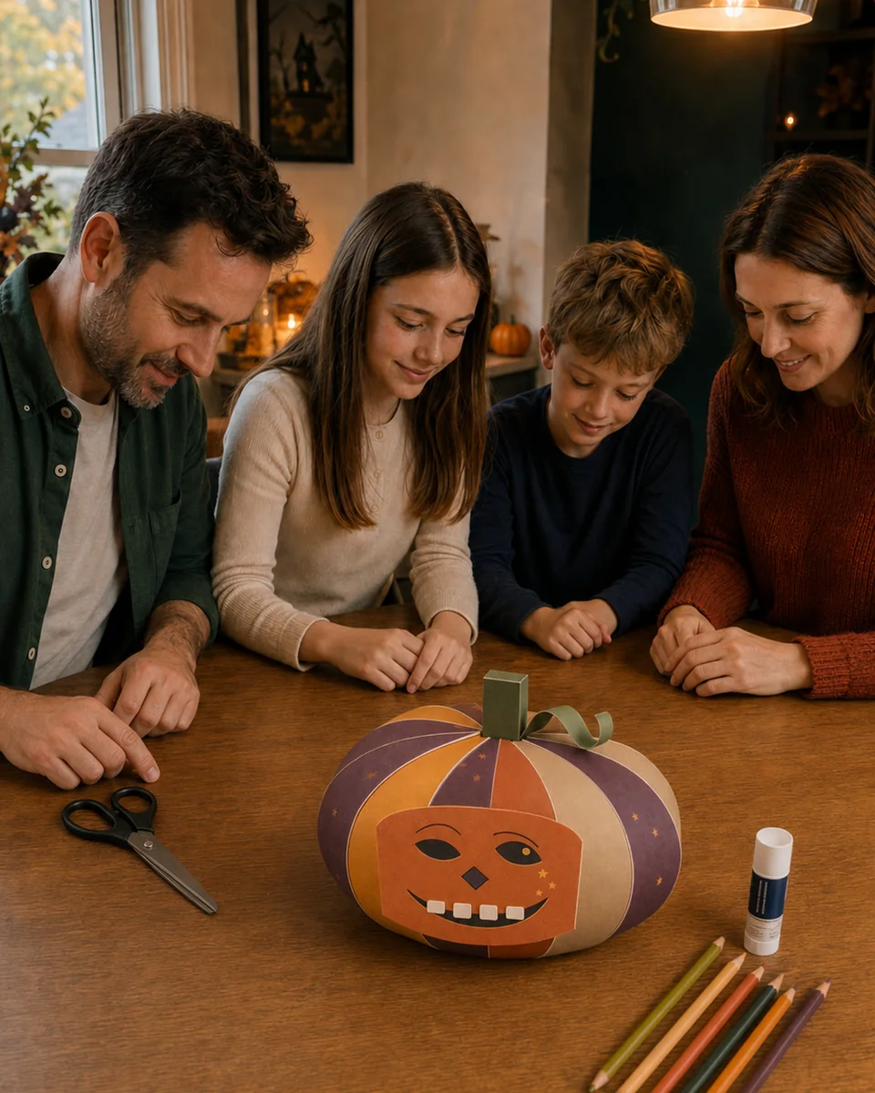 AI-assisted illustrative family smiling at a finished orange and purple Mischief Pumpkin paper decoration