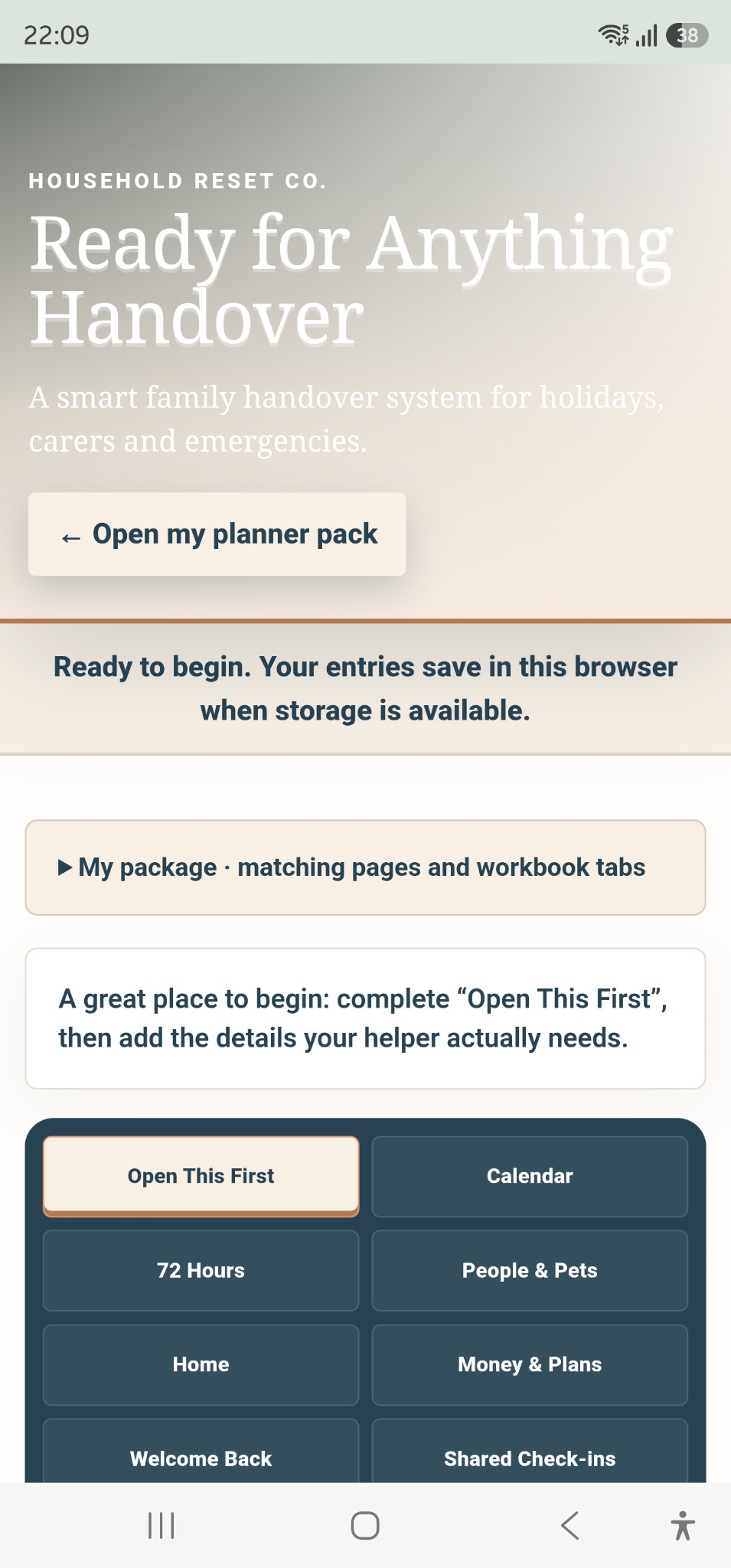 Real Samsung phone screenshot of Ready for Anything Handover, showing the opening screen and section menu