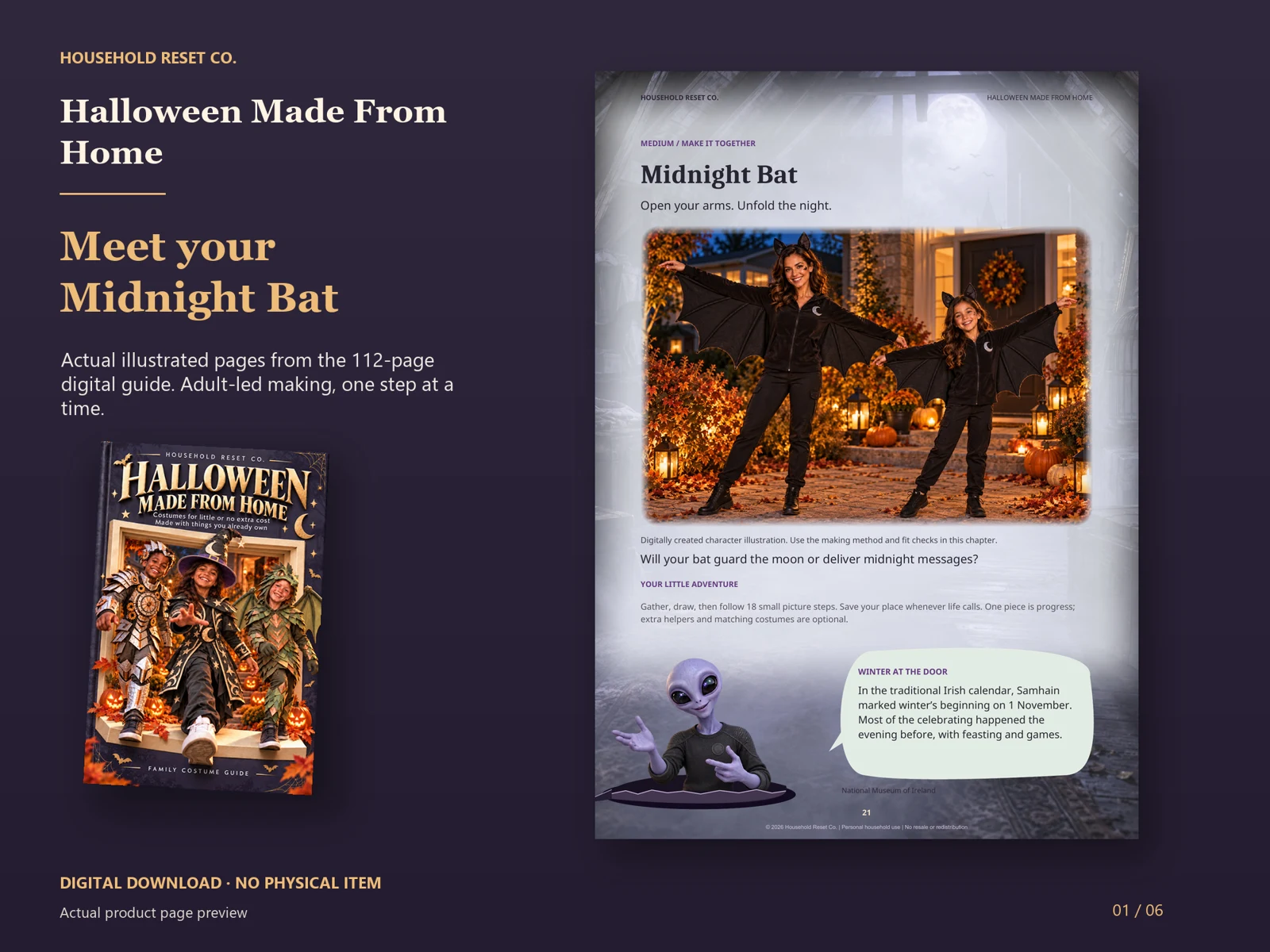 Actual guide page preview showing an illustrated adult and child wearing homemade bat costumes beside a Halloween fact bubble. Shown beside the original cover on a coordinated dark background.
