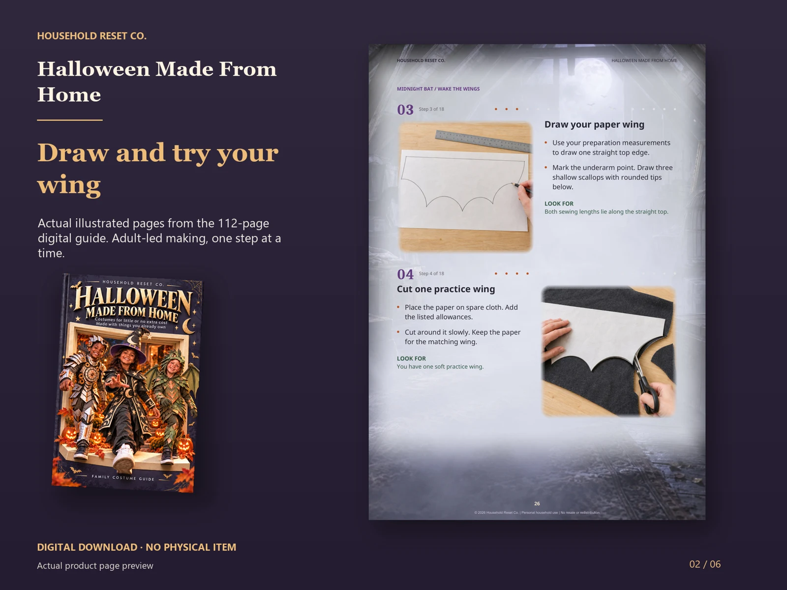 Actual guide page preview showing illustrations showing a paper wing outline and a fabric practice wing being cut. Shown beside the original cover on a coordinated dark background.