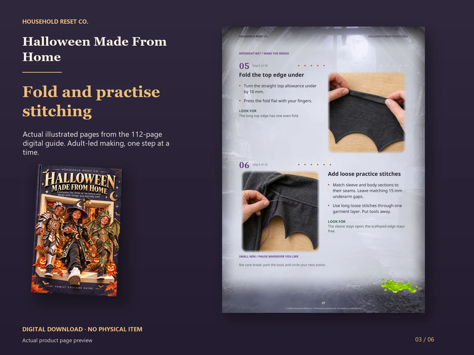 Actual guide page preview showing close-up illustrations of folding a fabric edge and adding loose practice stitches. Shown beside the original cover on a coordinated dark background.