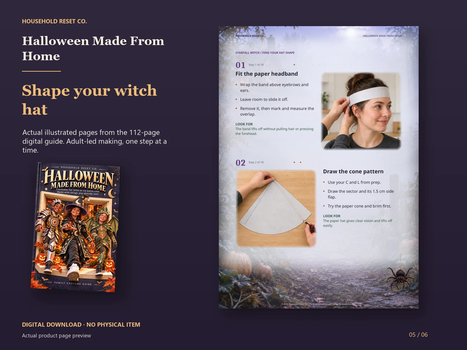 Actual guide page preview showing illustrations of fitting a paper headband and drawing a cone pattern. Shown beside the original cover on a coordinated dark background.