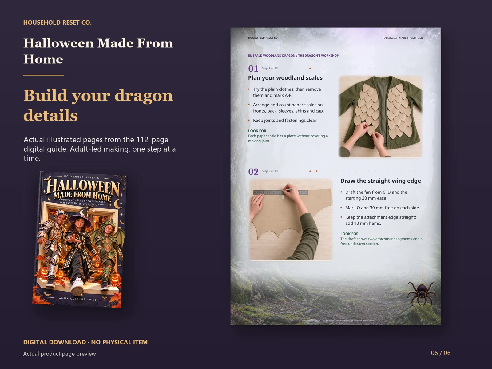 Actual guide page preview showing illustrations of planning dragon scales and drawing a triangular wing edge. Shown beside the original cover on a coordinated dark background.