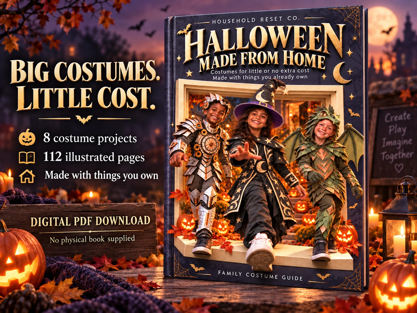 Illustrative charcoal and purple Halloween costume guide cover with three children stepping from a doorway; eight projects and 112 pages.