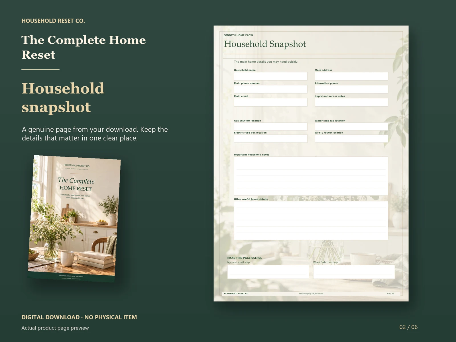 Actual guide page preview showing a household snapshot with blank information fields. Shown beside the original cover on a coordinated dark background.
