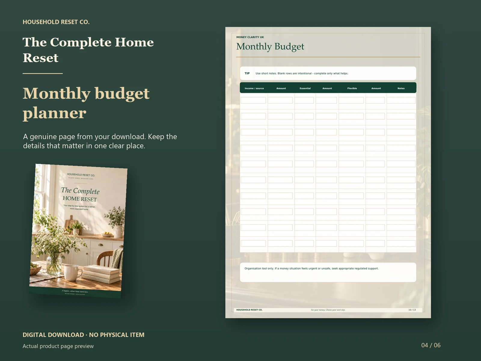 Actual guide page preview showing a monthly household budget table. Shown beside the original cover on a coordinated dark background.