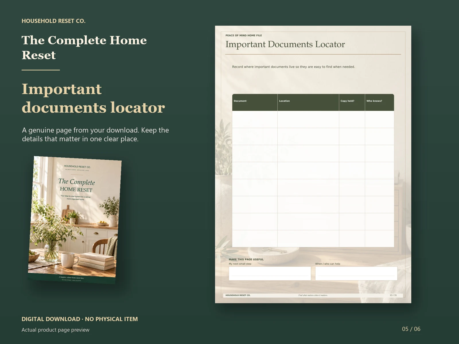 Actual guide page preview showing a document storage locator table. Shown beside the original cover on a coordinated dark background.
