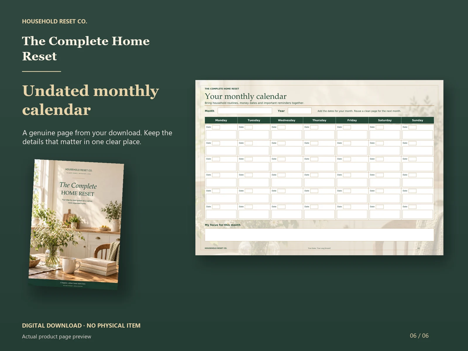 Actual guide page preview showing an undated monthly calendar grid. Shown beside the original cover on a coordinated dark background.