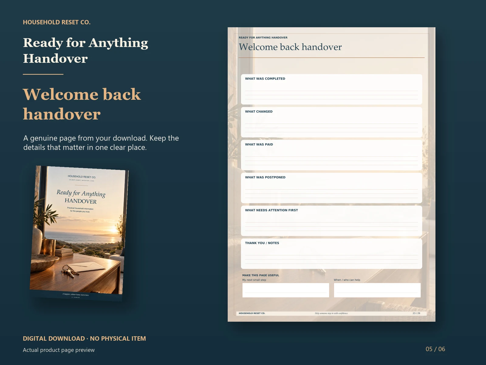 Actual guide page preview showing spaces to record completed tasks, changes and outstanding actions. Shown beside the original cover on a coordinated dark background.