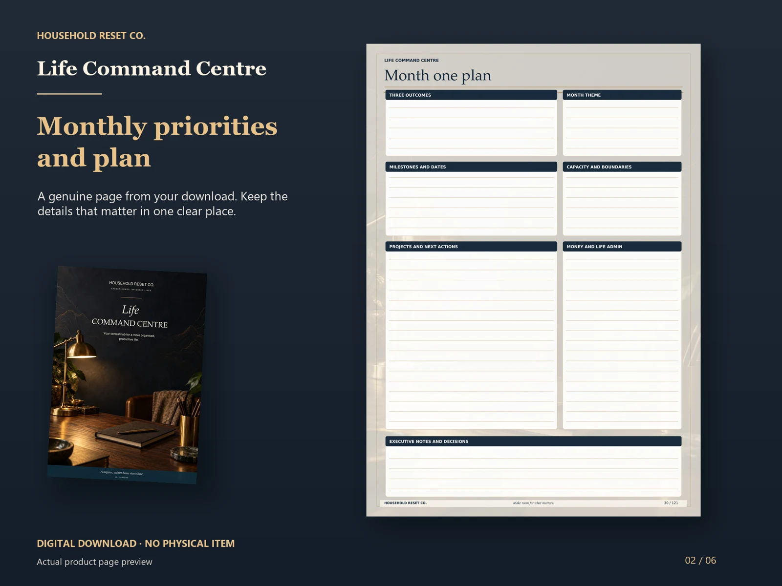 Actual guide page preview showing sections for monthly outcomes, milestones, habits, capacity and projects. Shown beside the original cover on a coordinated dark background.
