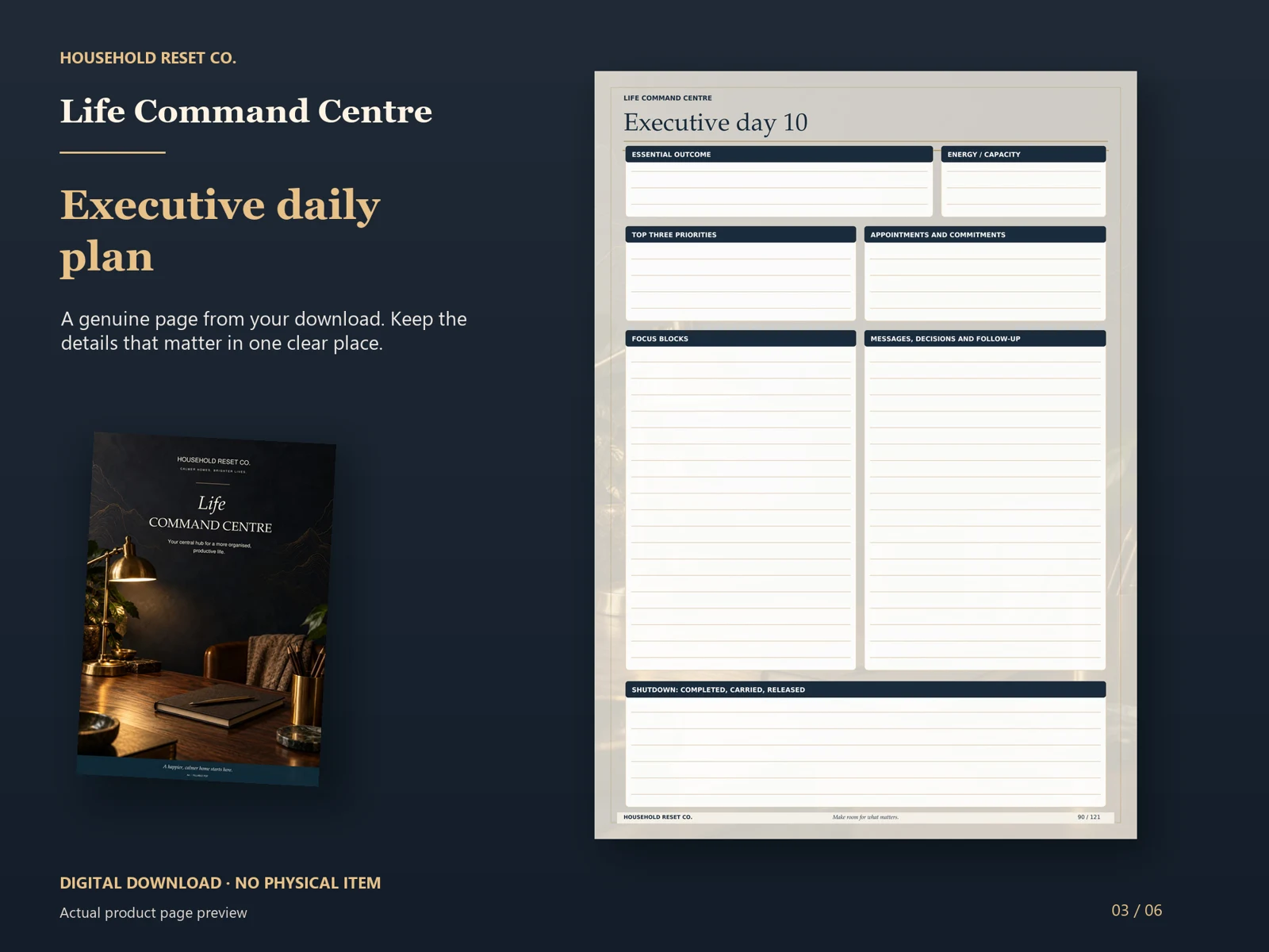 Actual guide page preview showing sections for purpose, energy, priorities, appointments, focus and reflection. Shown beside the original cover on a coordinated dark background.