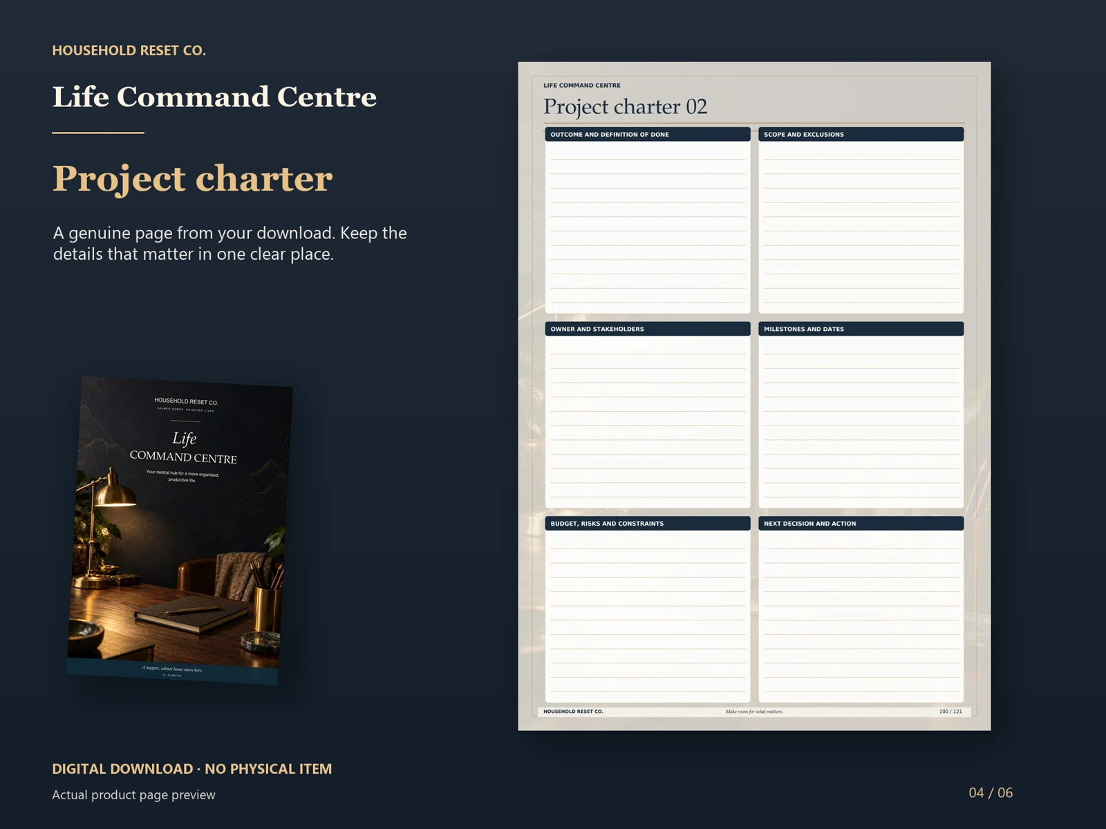 Actual guide page preview showing project sections for outcome, scope, dates, risks and next decisions. Shown beside the original cover on a coordinated dark background.