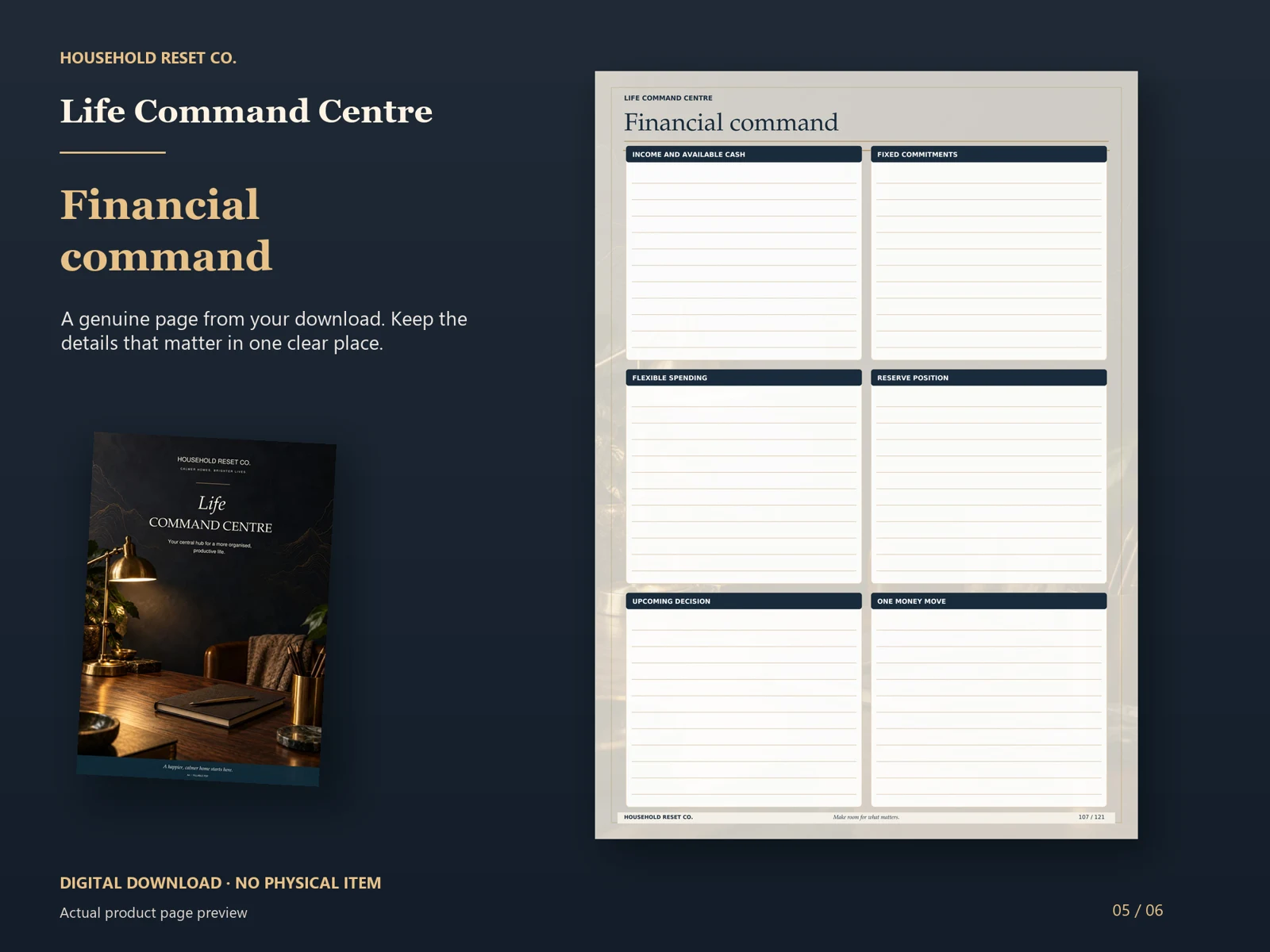 Actual guide page preview showing sections for income, commitments, spending, savings, decisions and review. Shown beside the original cover on a coordinated dark background.