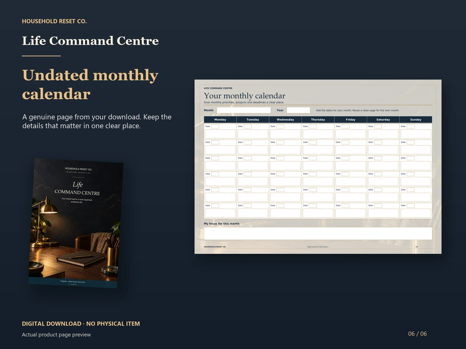 Actual guide page preview showing an undated monthly calendar grid. Shown beside the original cover on a coordinated dark background.