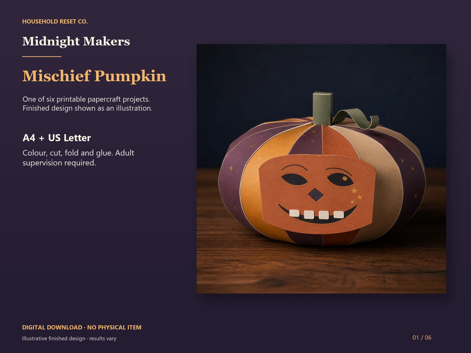 Illustrative preview of an orange and purple curved-strip paper pumpkin with a smiling face. Digital papercraft; finished results vary.