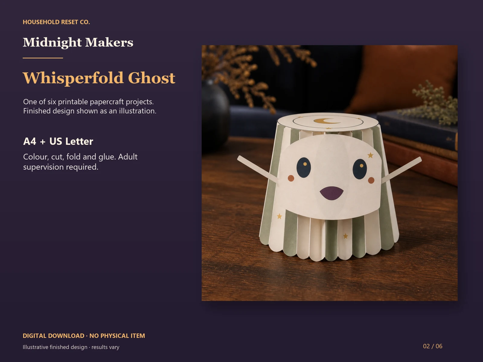 Illustrative preview of a white paper ghost with extended arms and a scalloped skirt. Digital papercraft; finished results vary.