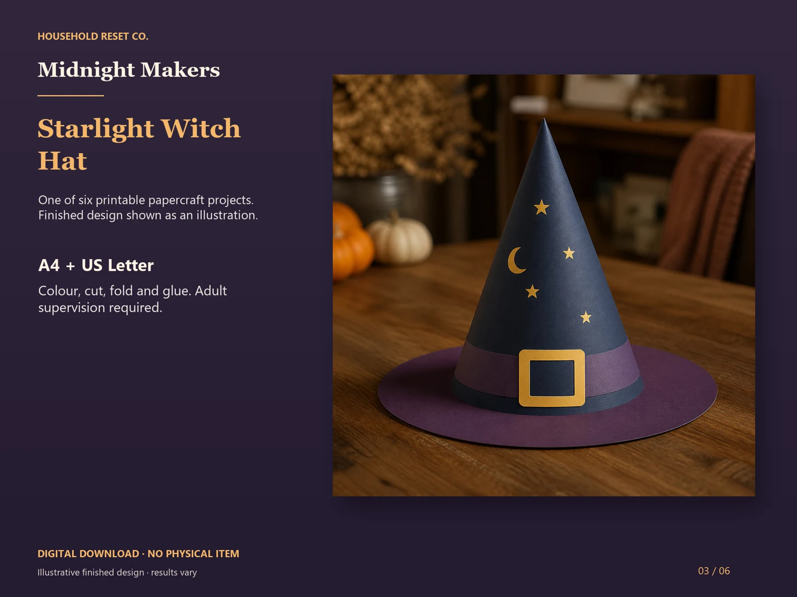 Illustrative preview of a charcoal pointed witch hat with gold stars and a purple band. Digital papercraft; finished results vary.
