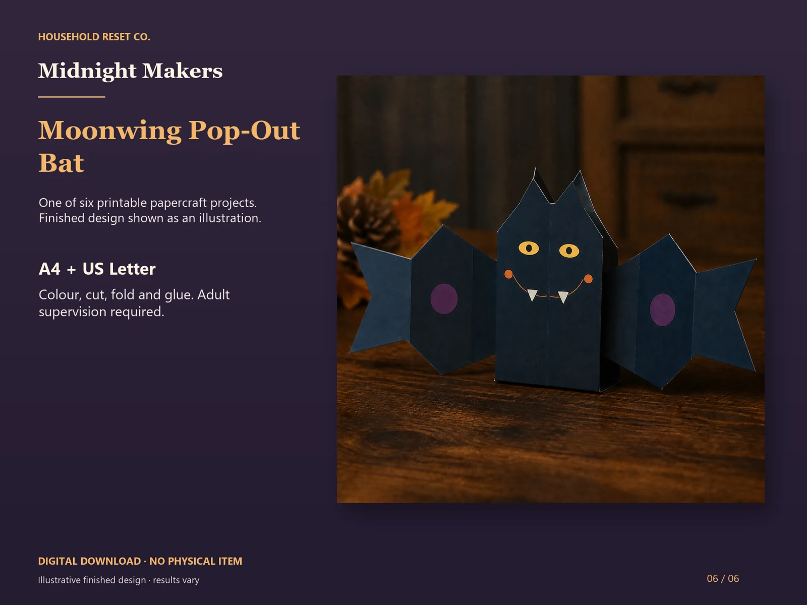 Illustrative preview of a dark paper bat with outstretched wings and purple cheeks. Digital papercraft; finished results vary.