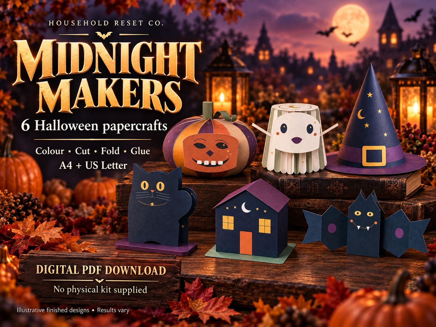 Illustrative Midnight Makers collection with six Halloween papercrafts in a glowing dusk setting; printable PDF bundle.