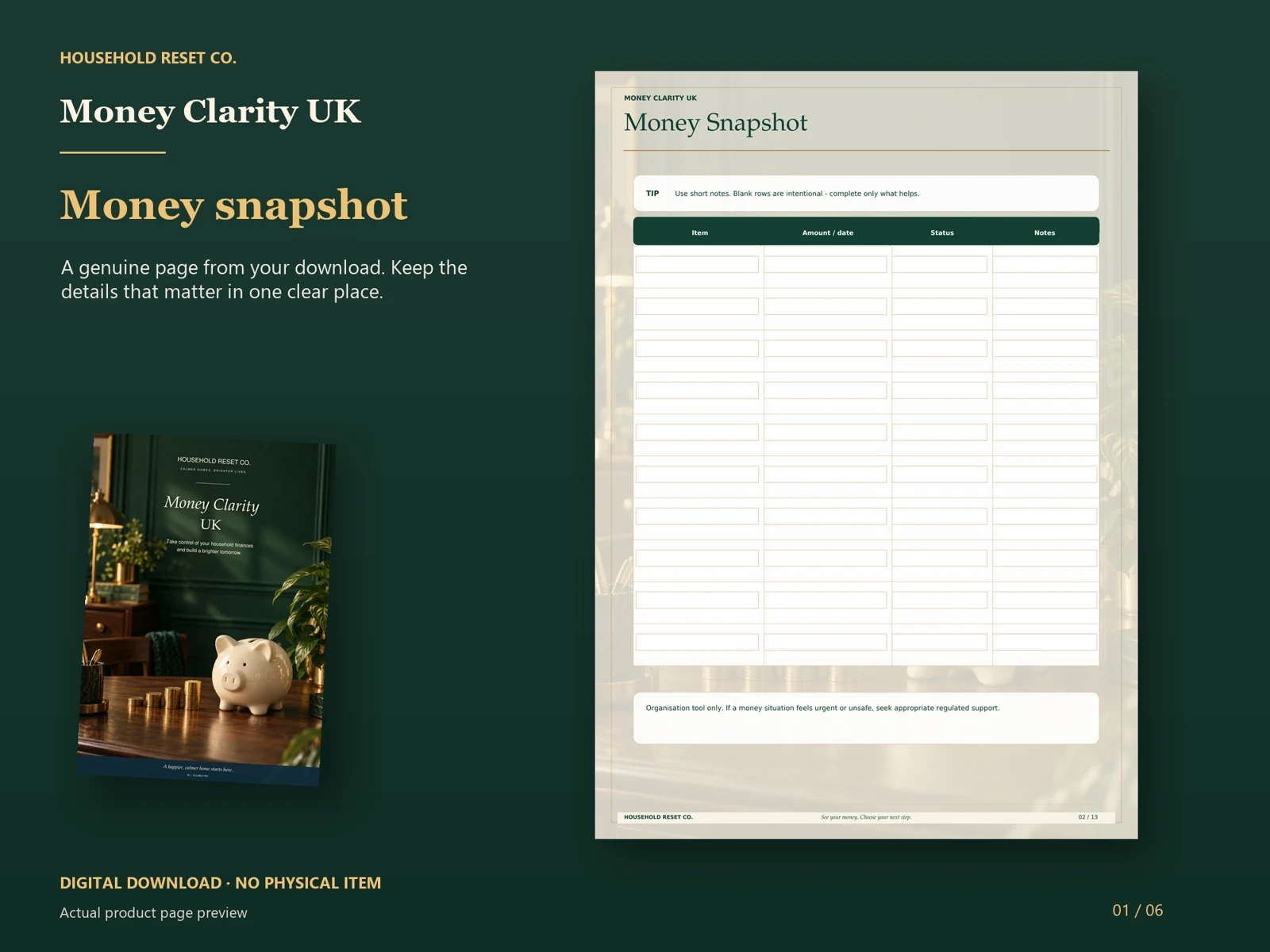 Actual guide page preview showing a money snapshot table for amounts, due dates and notes. Shown beside the original cover on a coordinated dark background.