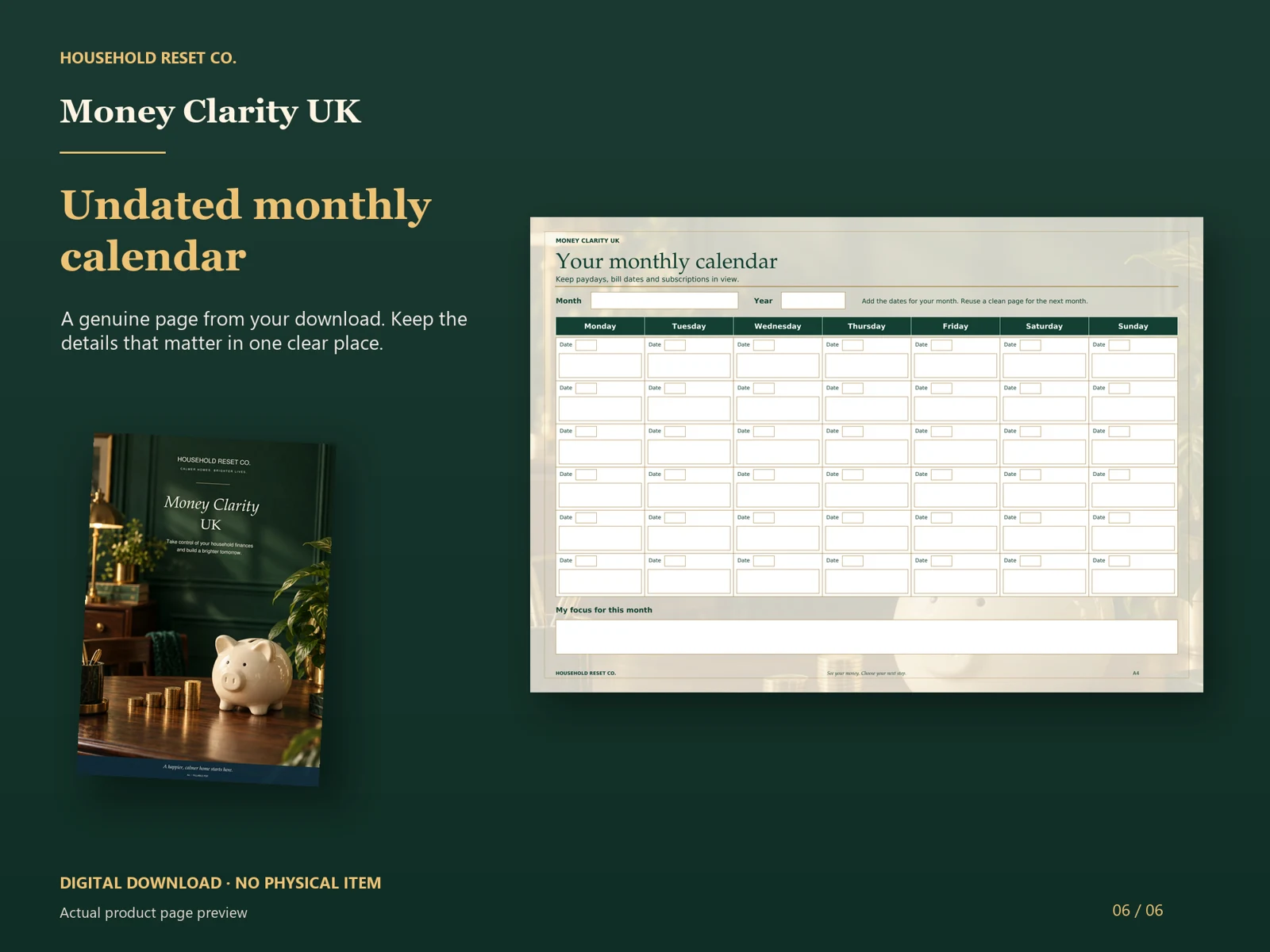 Actual guide page preview showing an undated monthly calendar grid with notes. Shown beside the original cover on a coordinated dark background.