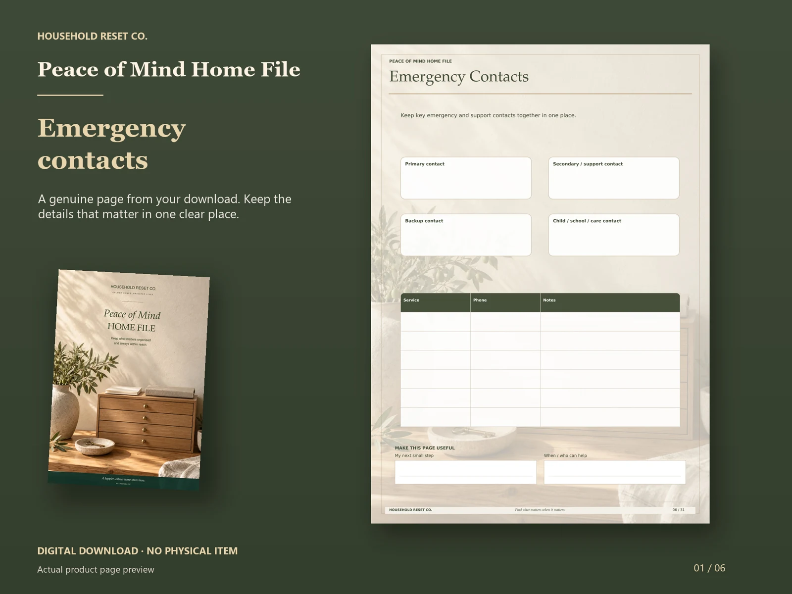 Actual guide page preview showing blank emergency contact boxes and a service contact table. Shown beside the original cover on a coordinated dark background.