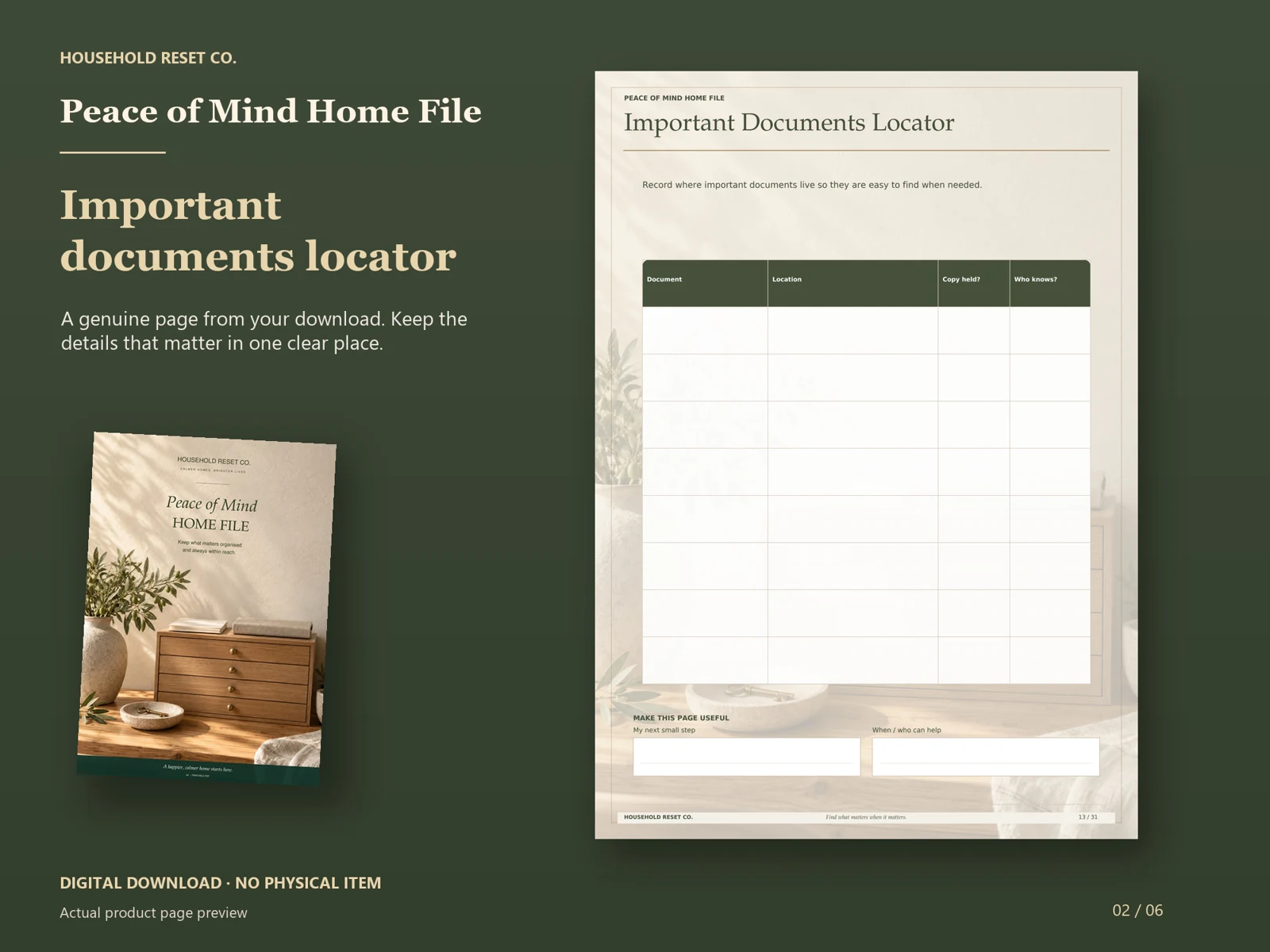 Actual guide page preview showing a document locator table for storage location, copy and access details. Shown beside the original cover on a coordinated dark background.