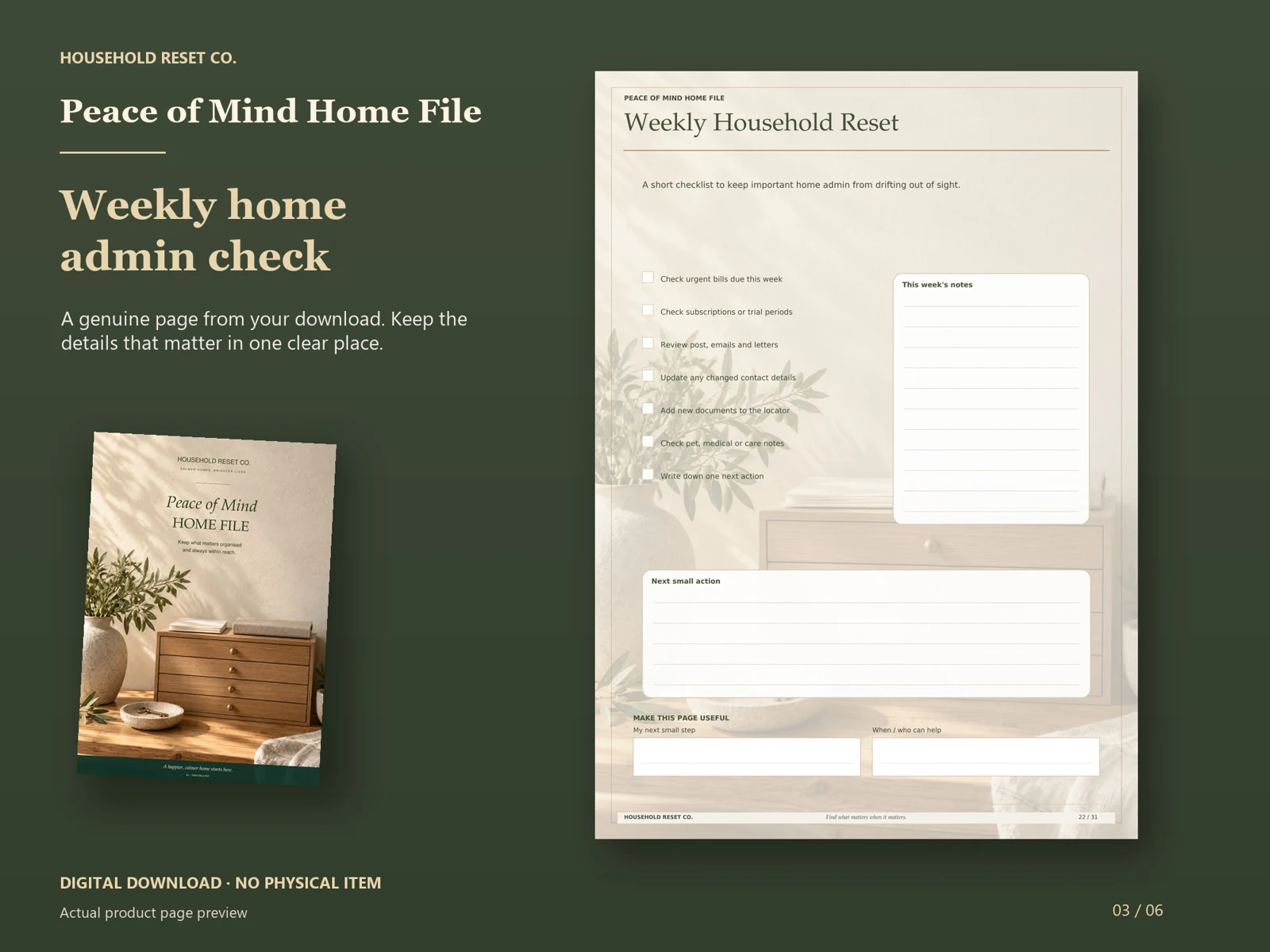 Actual guide page preview showing a weekly household checklist and notes. Shown beside the original cover on a coordinated dark background.