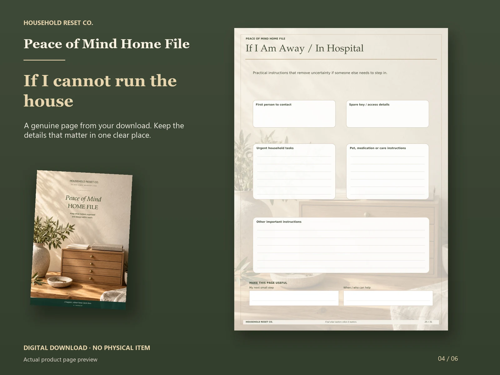Actual guide page preview showing spaces for contacts, urgent household tasks and temporary helper instructions. Shown beside the original cover on a coordinated dark background.