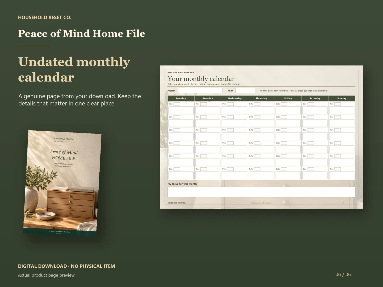 Actual guide page preview showing an undated calendar grid for household dates. Shown beside the original cover on a coordinated dark background.