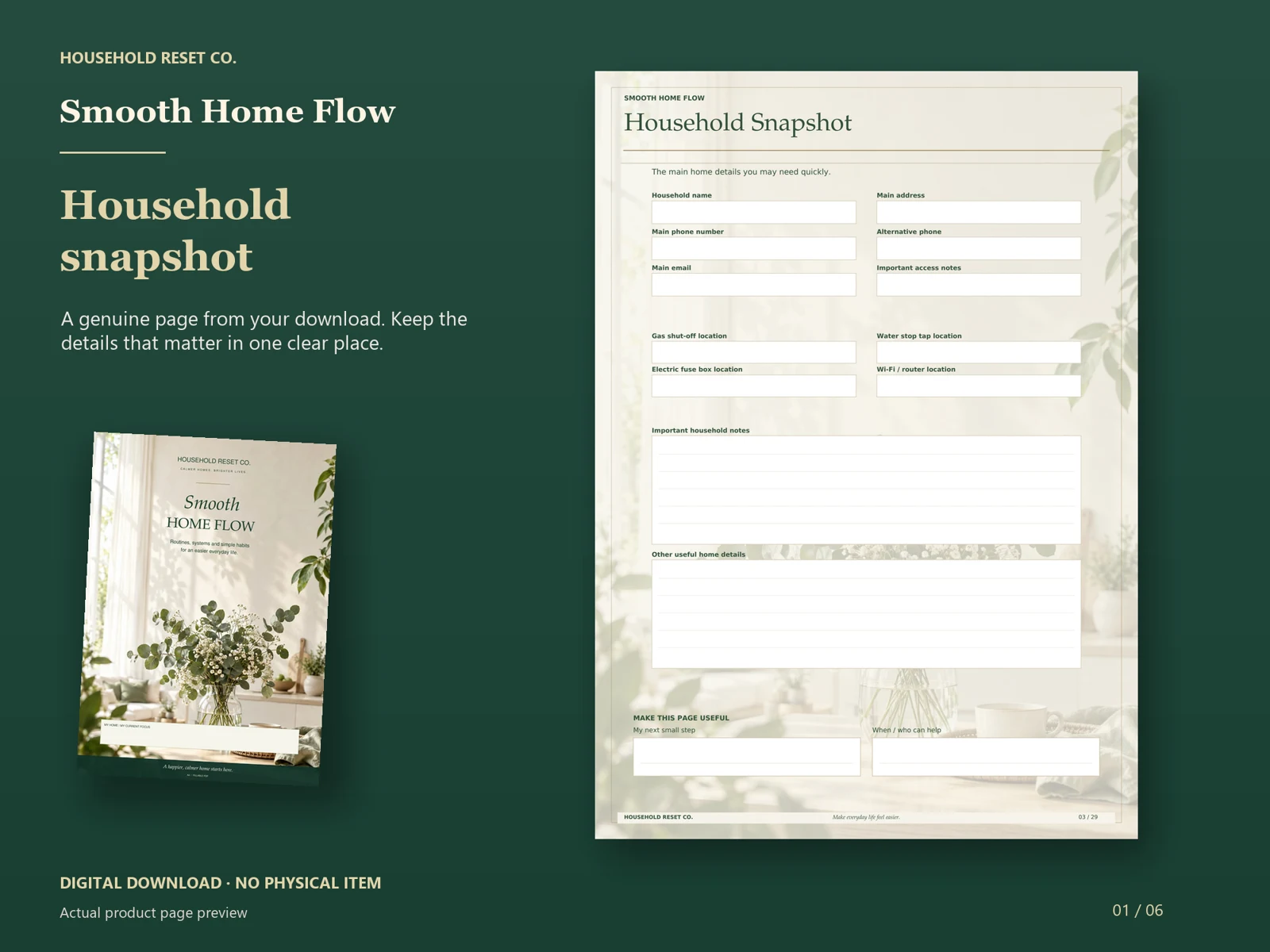 Actual guide page preview showing blank fields for home details, contacts, pets and household information. Shown beside the original cover on a coordinated dark background.