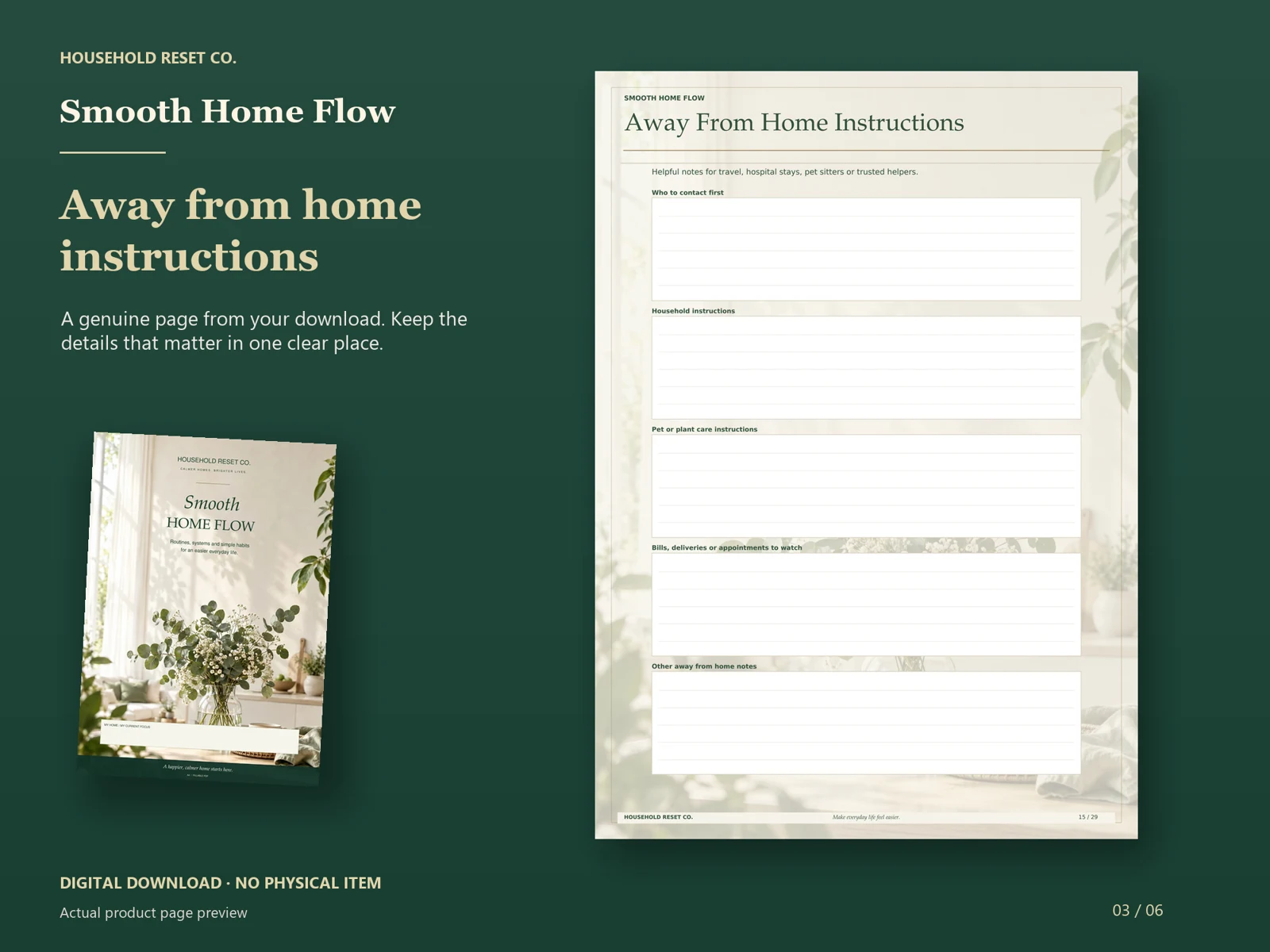 Actual guide page preview showing spaces for household instructions, pet care, expected visits and key locations. Shown beside the original cover on a coordinated dark background.