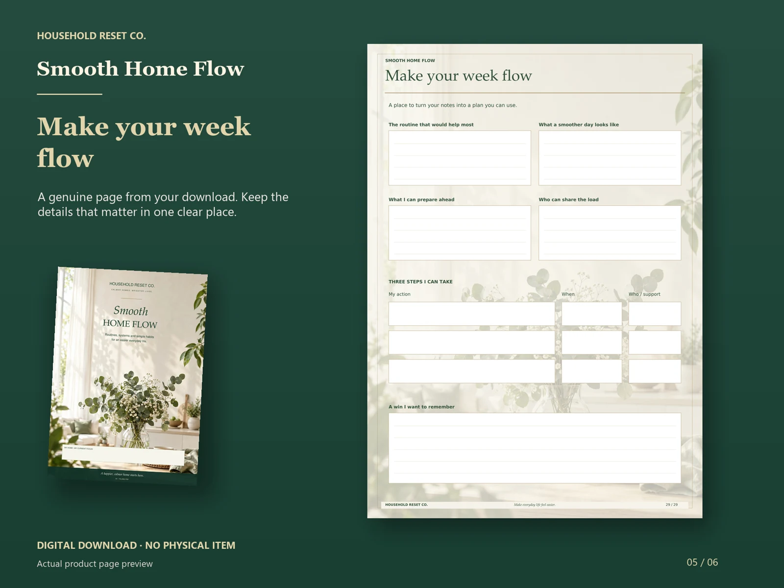Actual guide page preview showing spaces for routines, obstacles, helpful changes and three next steps. Shown beside the original cover on a coordinated dark background.