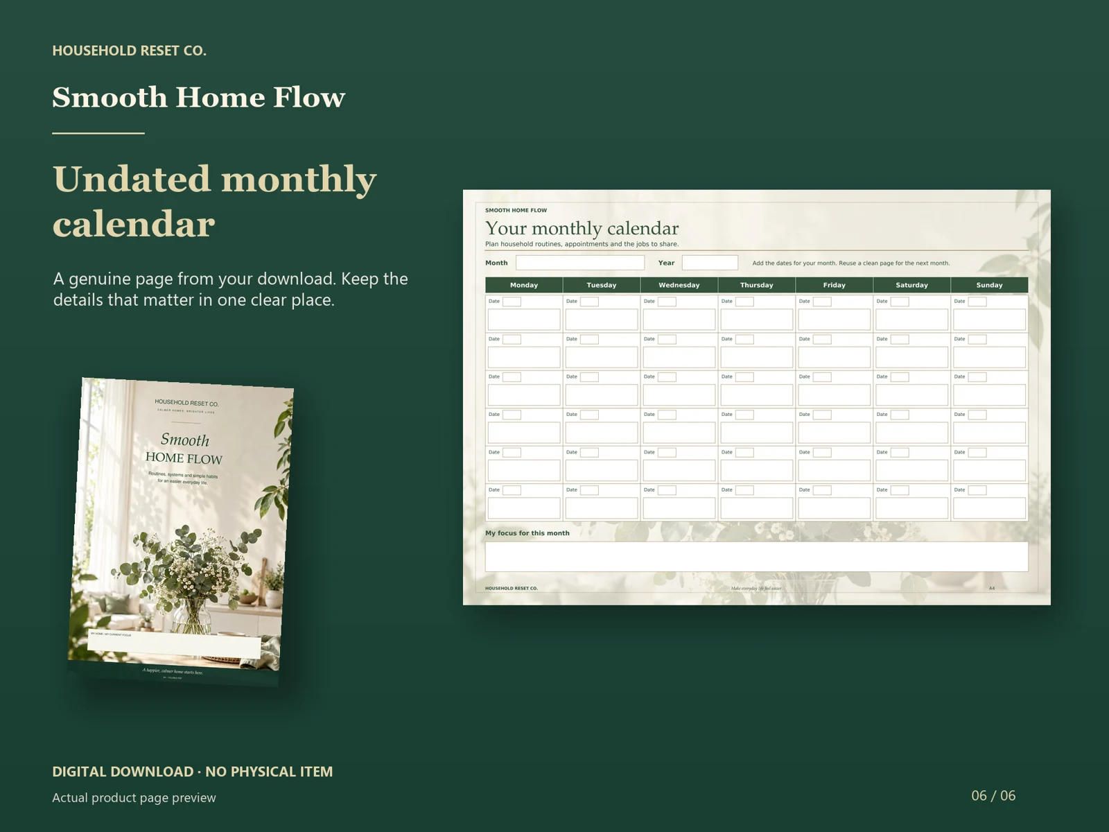 Actual guide page preview showing a Monday-to-Sunday calendar grid with date boxes and notes. Shown beside the original cover on a coordinated dark background.